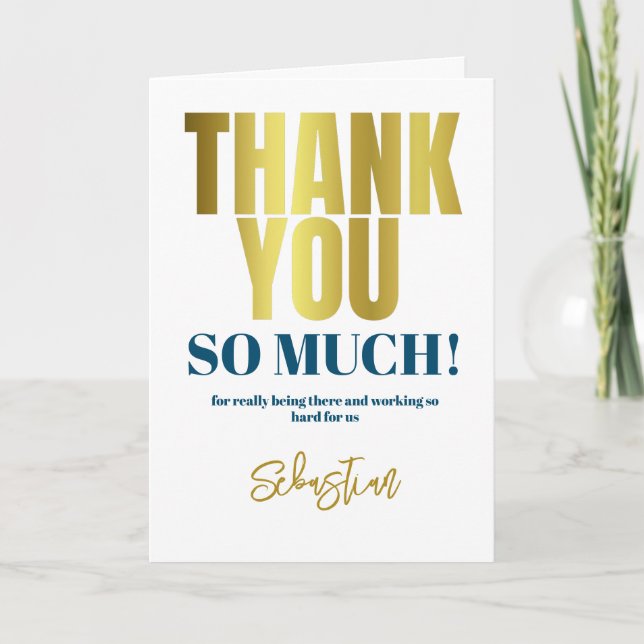 Modern Thank You Blue Gold Typography Card (Front)