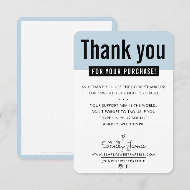 MODERN THANK YOU customer insert cute pale blue Card (Front/Back)