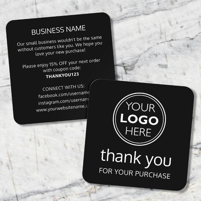 Modern Thank You Logo Small Business Black White Square Business Card (Creator Uploaded)