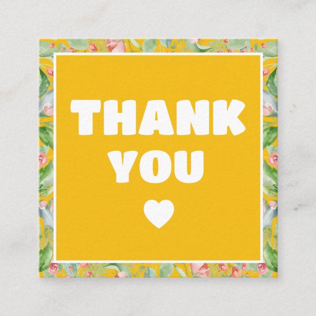Modern thank you order Yellow Floral Qr code Square Business Card (Front)