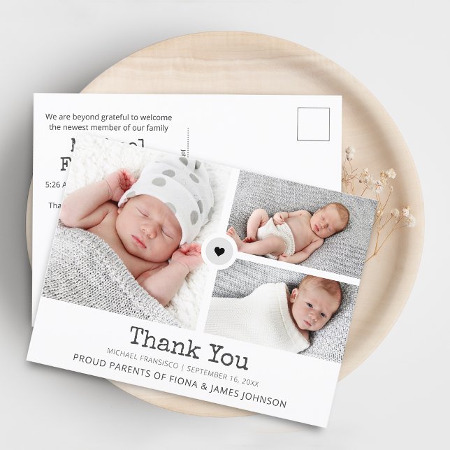 Modern Thank You Photos Grid Collage Birth Announcement Postcard (Modern Thank You Photos Grid Collage Birth Announcement Postcard)