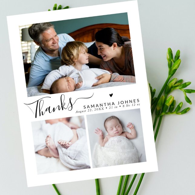 Modern Thank You Script 3 Photo Birth Announcement Postcard (Creator Uploaded)