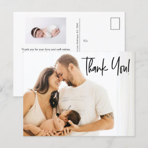 Modern Thank you Script Baby Girl photos Announcement Postcard