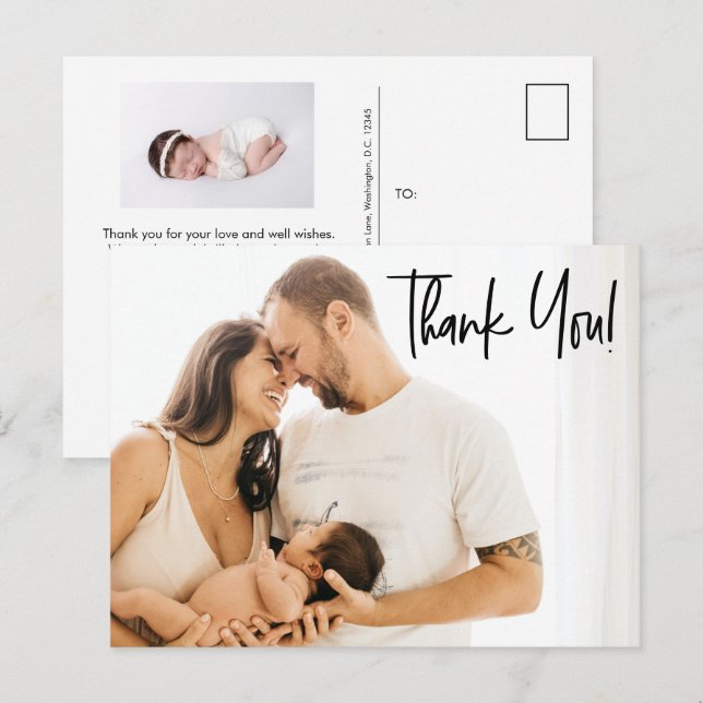 Modern Thank you Script Baby Girl photos Announcement Postcard (Front/Back)