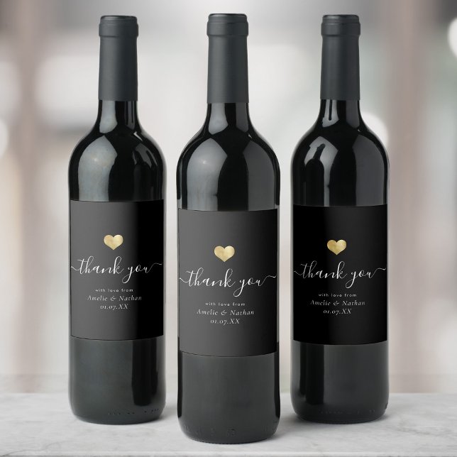 Modern Thank you Script Chic Gold Heart Wedding Wine Label (Creator Uploaded)