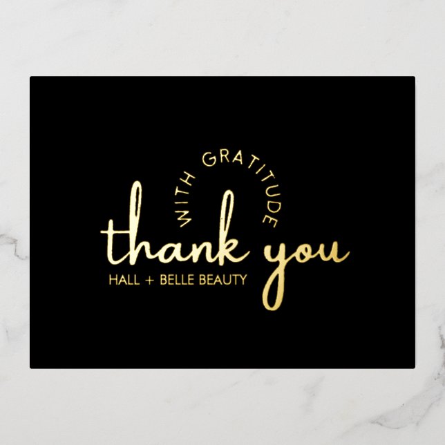 Modern Thank You Script Gold Black Custom Business Foil Holiday Postcard (Front)