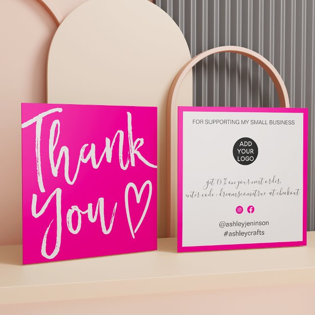 Modern thank you script order minimal hot pink square business card (Modern thank you script order minimal hot pink square business card)