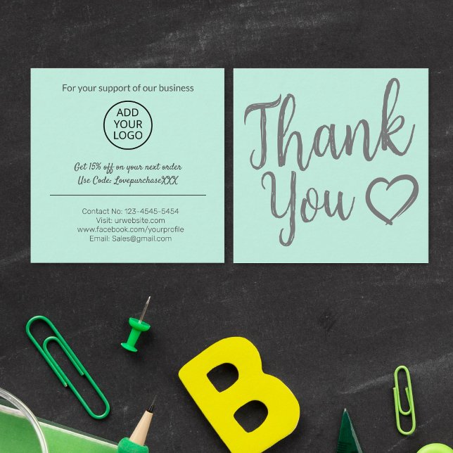 Modern thank you script order minimal mint green square business card (Creator Uploaded)