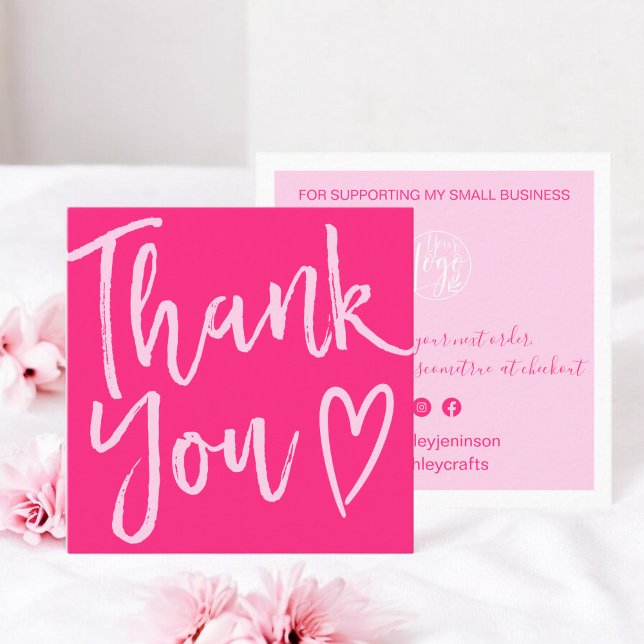 Modern thank you script order minimal neon pink square business card (Modern thank you script order minimal neon pink square )
