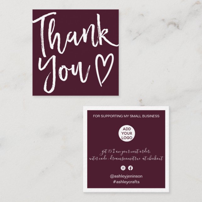 Modern thank you script order minimal red burgundy square business card (Front/Back)