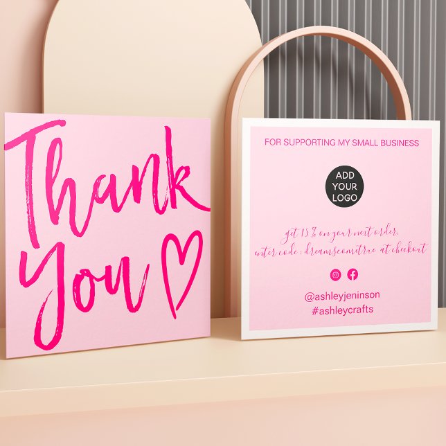 Modern thank you script order minimal retro pink square business card (Creator Uploaded)