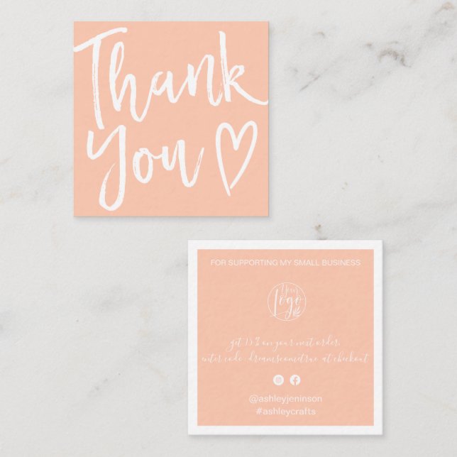 Modern thank you script order simple apricot pink square business card (Front/Back)