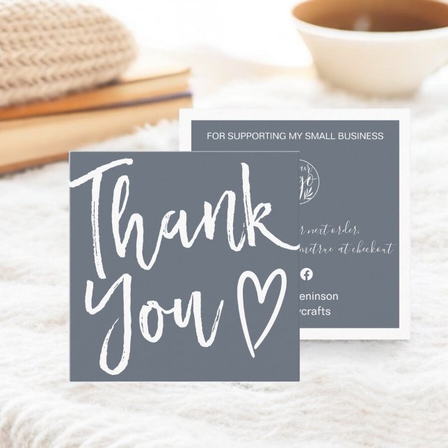 Modern thank you script order simple dusty blue square business card (Modern thank you script order simple dusty blue square business card)