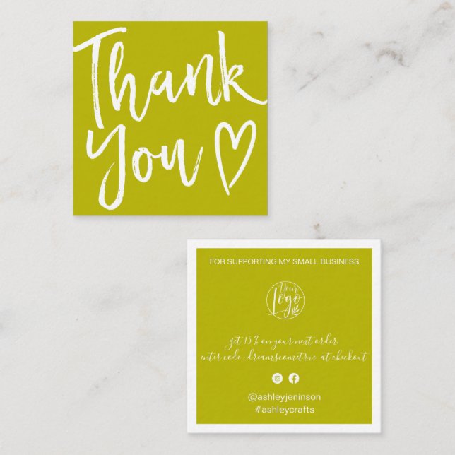 Modern thank you script order simple lime green square business card (Front/Back)