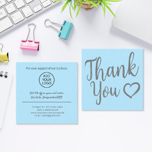 Modern thank you script order sky blue square business card