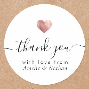 Modern Thank You Script Rose Gold Heart Wedding Classic Round Sticker