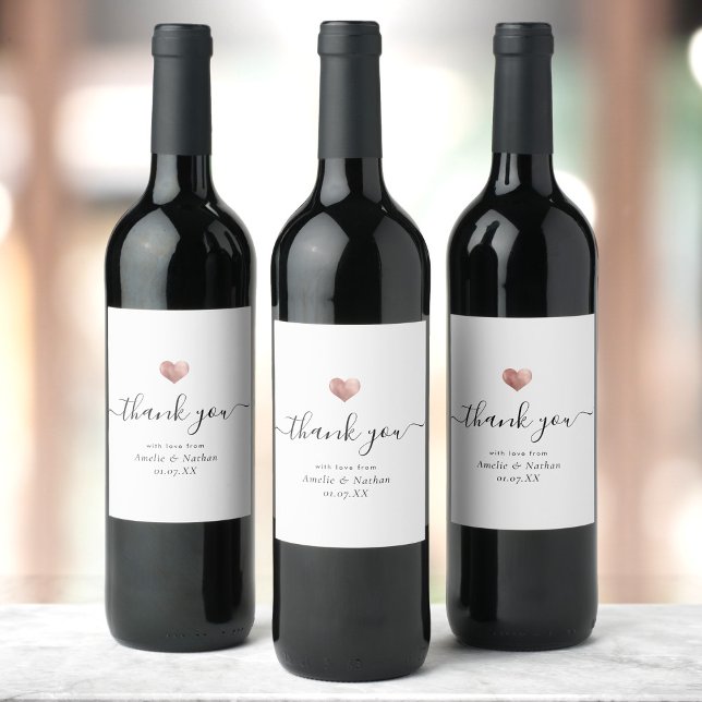 Modern Thank you Script Rose Gold Heart Wedding Wine Label (Creator Uploaded)