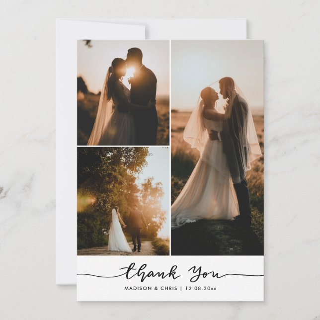Modern Thank You Script Wedding Photo Collage Card (Front)