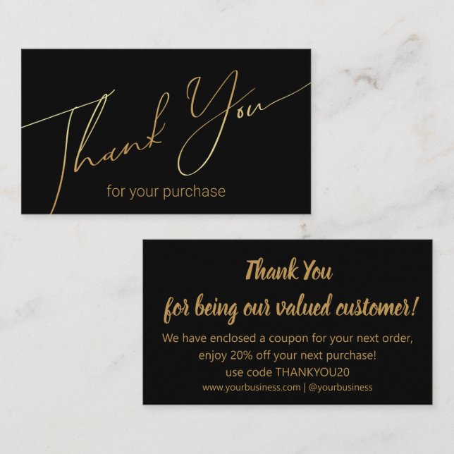 modern thank you small business black gold script enclosure card (Front/Back)