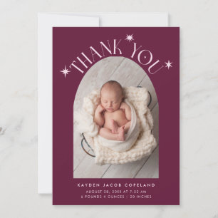 Modern Thank You Stars Cranberry Photo Birth Announcement