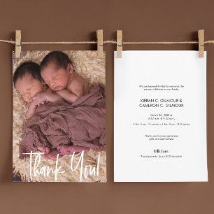 Modern Thank you Twin Baby Photo Personalised Card