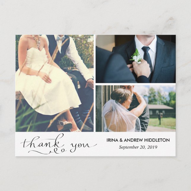 Modern Thank You Typography Three Wedding Photos Postcard (Front)