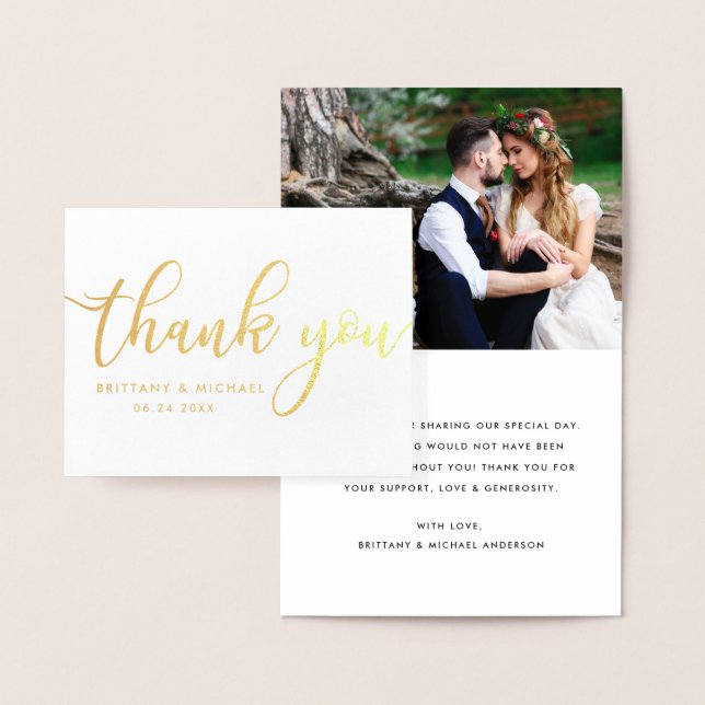 Modern Thank You Wedding Couple Photo Note Gold Foil Card (Display)