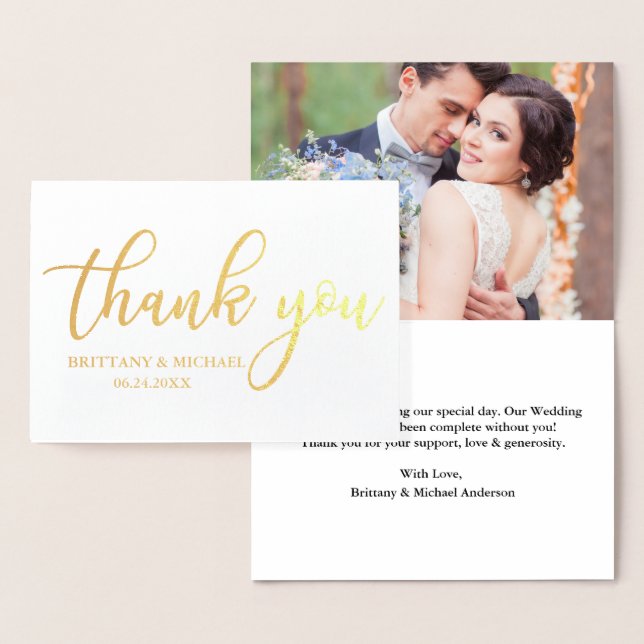 Modern Thank You Wedding Photo Gold Foil Card (Display)