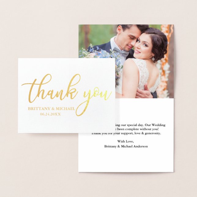 Modern Thank You Wedding Photo Note Gold Foil Card (Display)