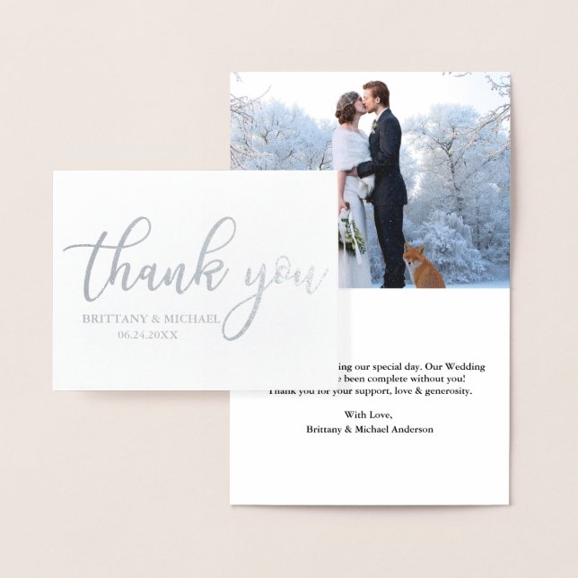 Modern Thank You Wedding Photo Note Silver Foil Card (Display)