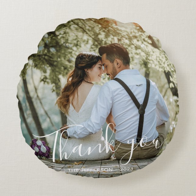 Modern Thank You Wedding Photo Round Cushion (Front)