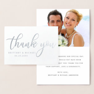 Modern Thank You Wedding Photo Silver Foil Card