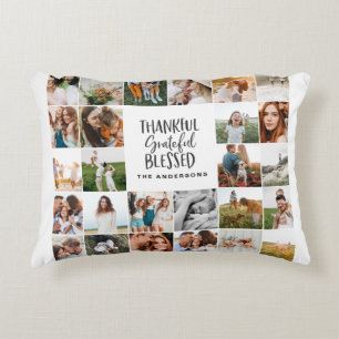 Modern thankful blessed multi photo script elegant decorative cushion