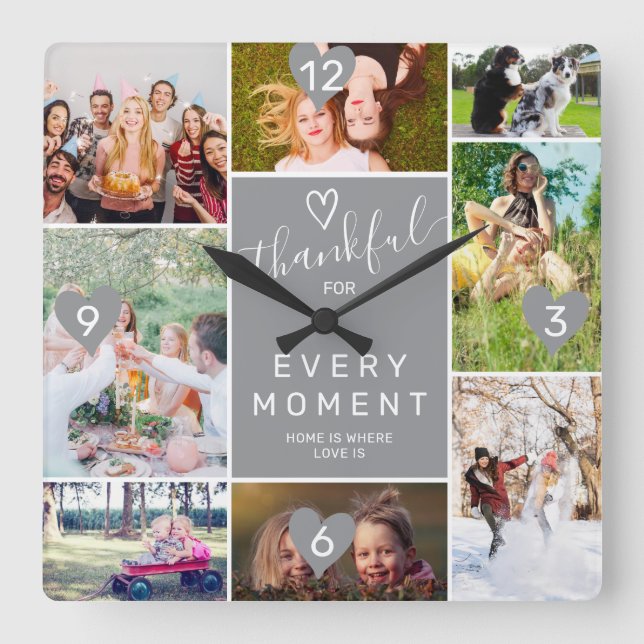 Modern thankful moment 8 photos collage grid grey square wall clock (Front)