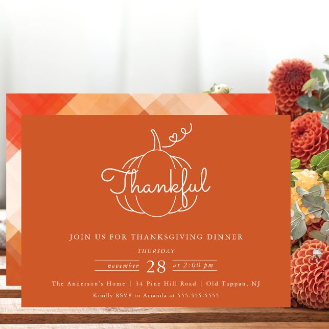 Modern Thankful Pumpkin Thanksgiving Dinner Invitation (Creator Uploaded)