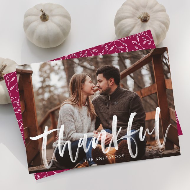Modern Thankful Script Berry Photo Thanksgiving Holiday Card (Creator Uploaded)
