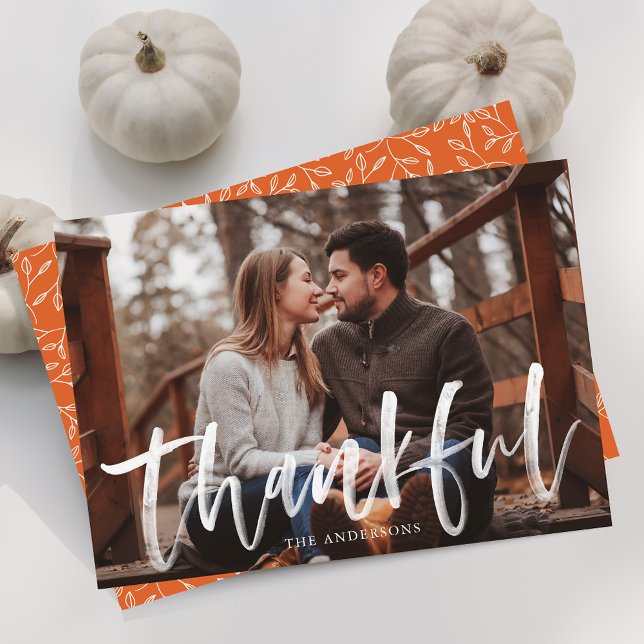 Modern Thankful Script Orange Photo Thanksgiving Holiday Card (Creator Uploaded)