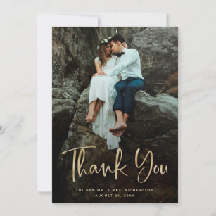 Modern Thanks   Faux Gold Script and Wedding Photo Thank You Card