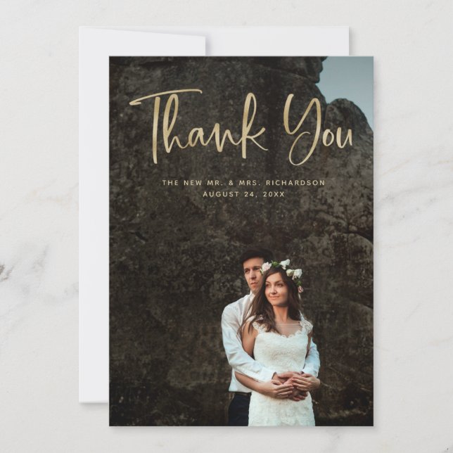 Modern Thanks | Faux Gold Script and Wedding Photo Thank You Card (Front)
