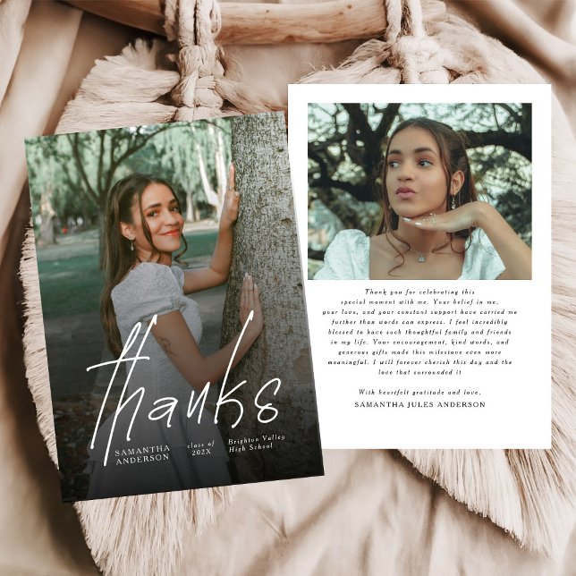 Modern Thanks Script Simple Photo Graduation  Thank You Card (Creator Uploaded)