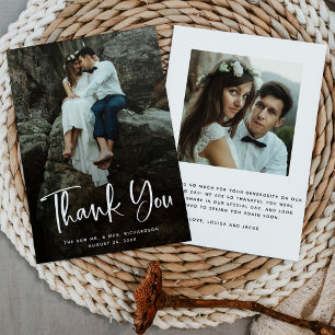 Modern Thanks   White Script and Wedding Photo Thank You Card