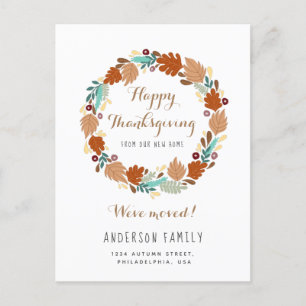 Modern Thanksgiving Autumn Wreath Holiday Moving Announcement Postcard