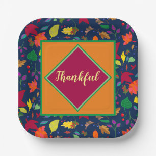 Modern Thanksgiving Colourful Leaf THANKFUL  Paper Plate