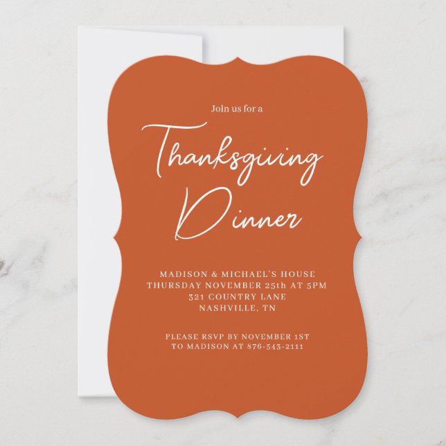 Modern Thanksgiving Dinner Burnt Orange Script Invitation (Front)