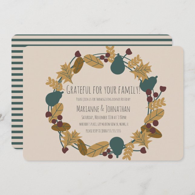Modern Thanksgiving Dinner Grateful Wreath Invitation (Front/Back)