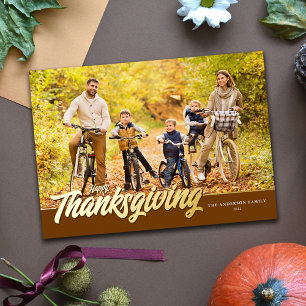 Modern Thanksgiving Gold Foil Photo Holiday Card