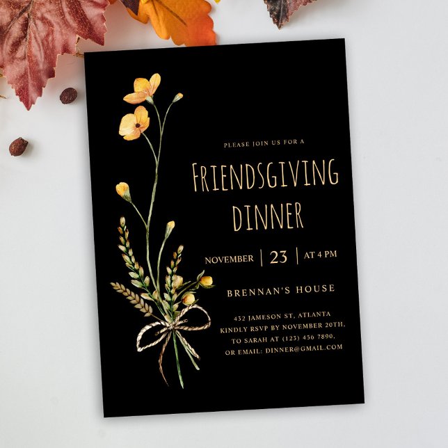 Modern Thanksgiving Party Friendsgiving Dinner Invitation (Elegant Black Wildflower Friendsgiving Dinner Invitation)
