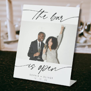Modern The Bar is Open Calligraphy Script Photo  Pedestal Sign