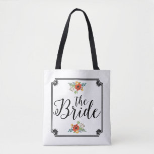 Modern The Bride-Black Text & Frame Floral Accent Tote Bag