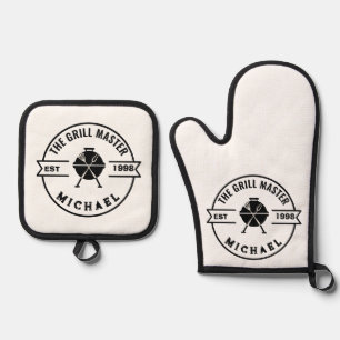 Modern The Grill Master Established Year Name Oven Mitt & Pot Holder Set